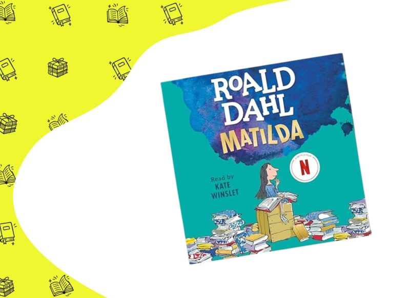 Matilda knjiga na žuto beloj pozadini sa knjigama