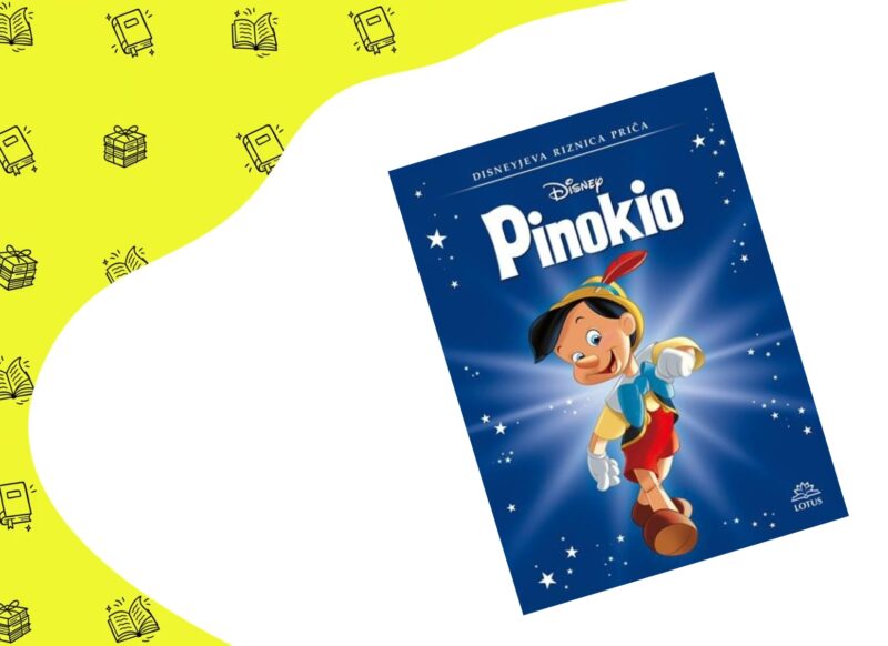 pinokio knjiga na žuto beloj pozadini sa knjigama