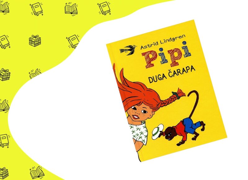 Pipi duga čarapa knjiga na žuto beloj pozadini sa knjigama